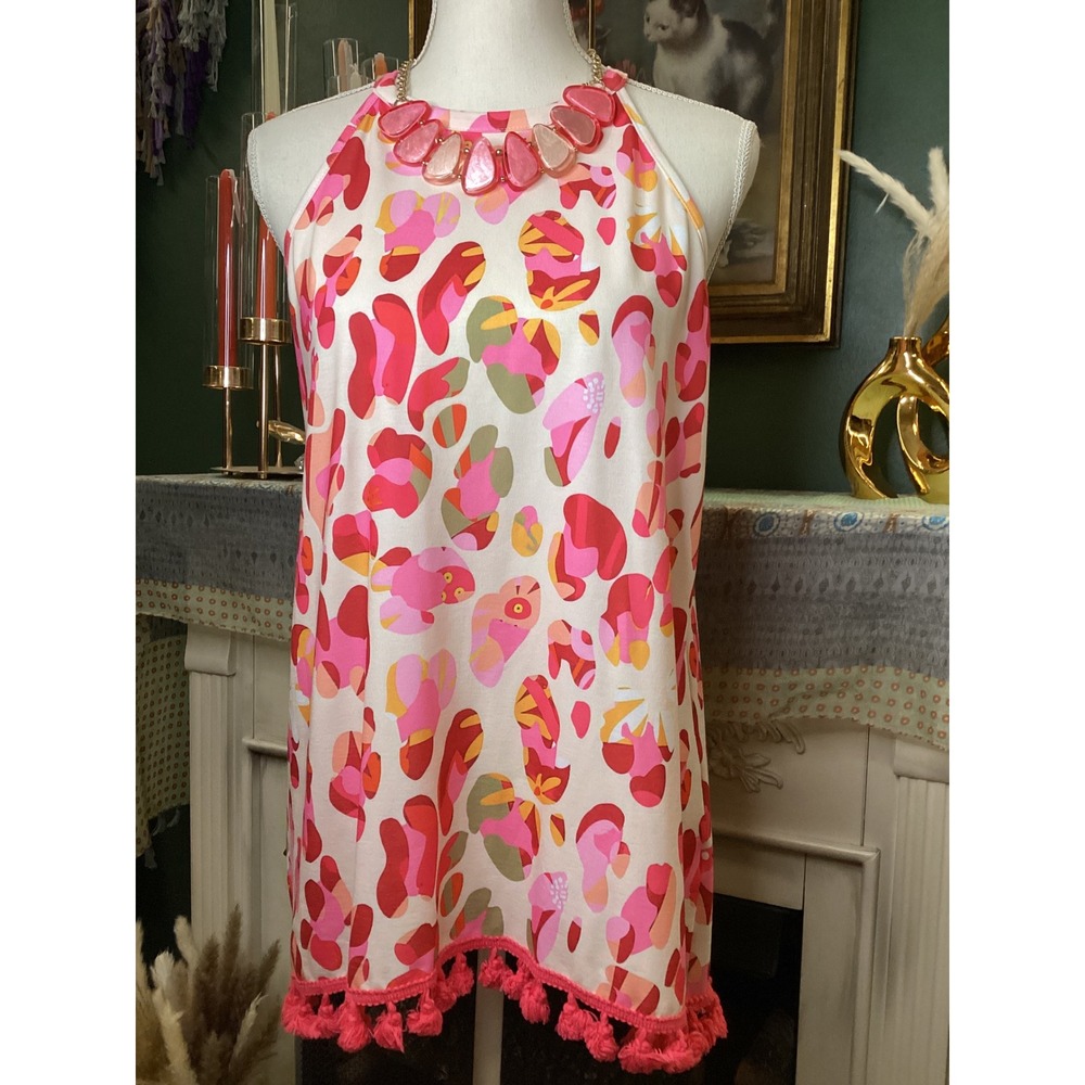 Southern Stitch Pink Abstract Halter Top Pom Pom Trim Small Sleeveless Boho